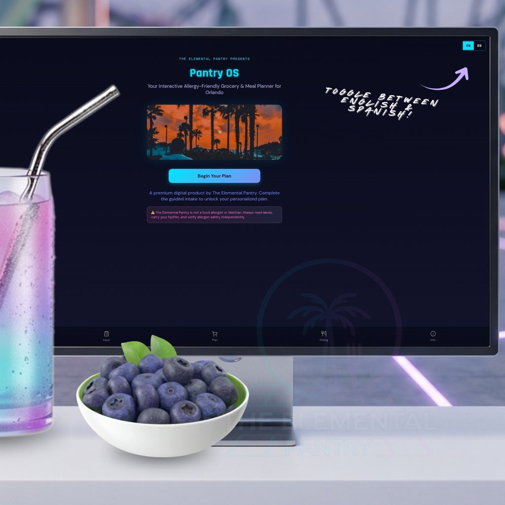 A computer monitor on a desk displaying a software interface titled 'Pantry OS' with a tropical sunset graphic and promotional text. In front of the monitor is a white bowl of blueberries and a glass with a metal straw and pastel drink, set against a blurred modern interior background.