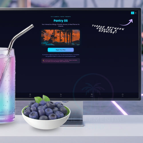 A computer monitor on a desk displaying a software interface titled 'Pantry OS' with a tropical sunset graphic and promotional text. In front of the monitor is a white bowl of blueberries and a glass with a metal straw and pastel drink, set against a blurred modern interior background.